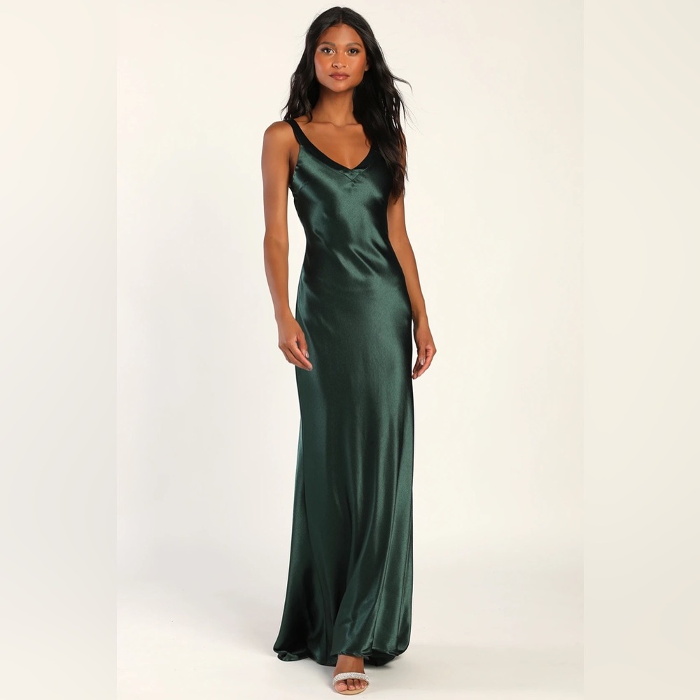 Lulu’s Perfectly Classy Emerald Green Satin Strappy Maxi Dress